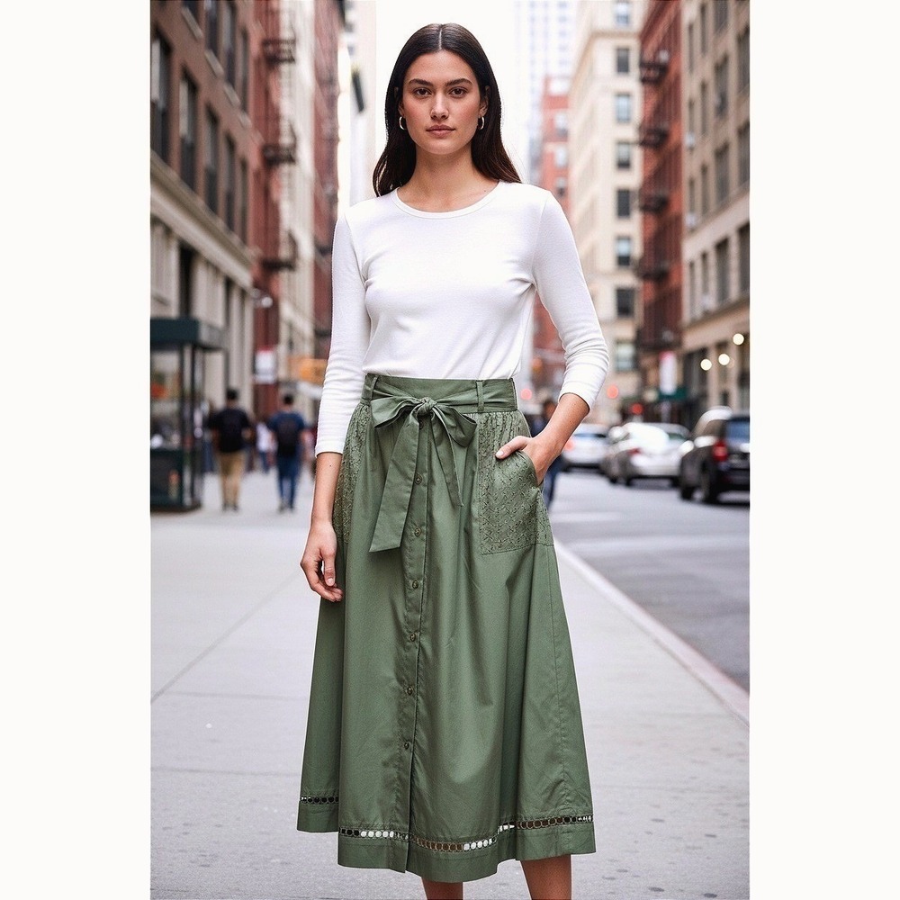 Olive Green Cotton Eyelet Maxi Skirt - Sheen Buttons Bow Tie Elastic Waist - M - Picture 13 of 13